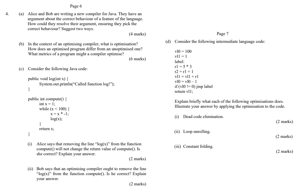 4 4 Page 6 A Alice And Bob Are Writing A New Compiler For Java They Have An Argument About The Correct Behaviour Of 1
