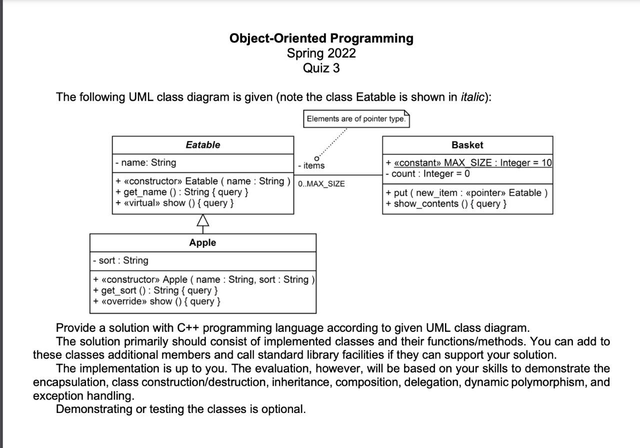 Object Oriented Programming Spring 2022 Quiz 3 The Following Uml Class Diagram Is Given Note The Class Eatable Is Shown 1