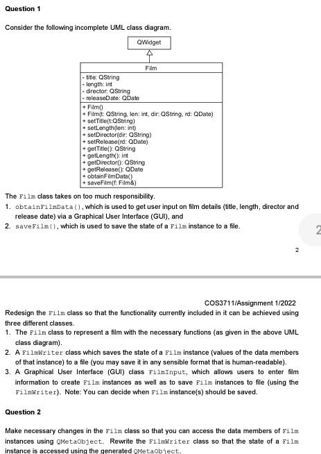 Question 1 Consider The Following Incomplete Uml Class Diagram Widget Film Title Qstring Length Int Director String 1