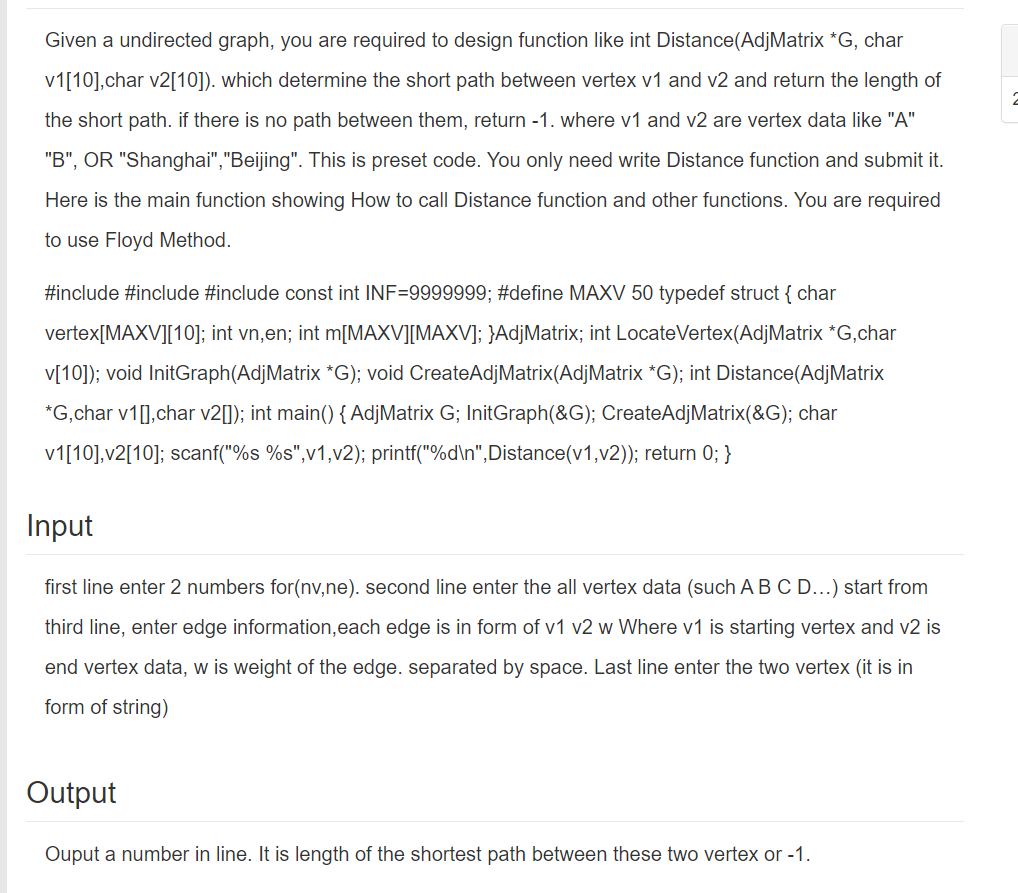 Given A Undirected Graph You Are Required To Design Function Like Int Distance Adjmatrix G Char V1 10 Char V2 10 1