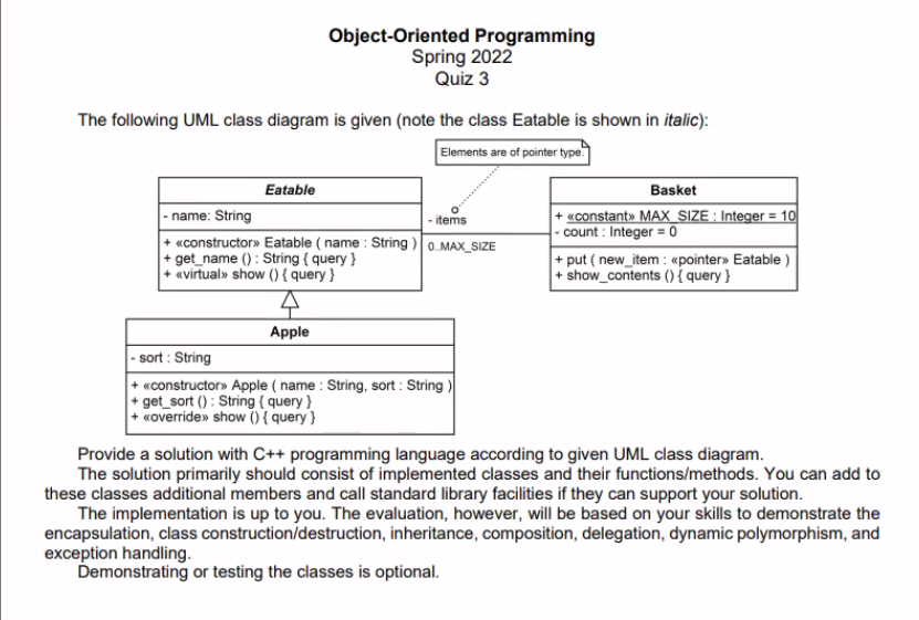Object Oriented Programming Spring 2022 Quiz 3 The Following Uml Class Diagram Is Given Note The Class Eatable Is Shown 1