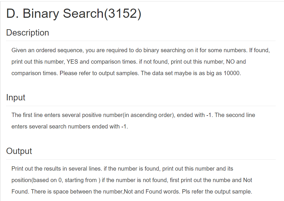 D Binary Search 3152 Description Given An Ordered Sequence You Are Required To Do Binary Searching On It For Some Num 1