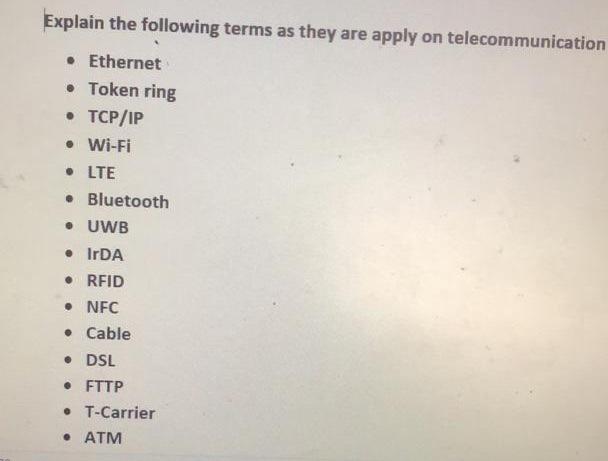Explain The Following Terms As They Are Apply On Telecommunication Ethernet Token Ring Tcp Ip Wi Fi Lte Blue 1
