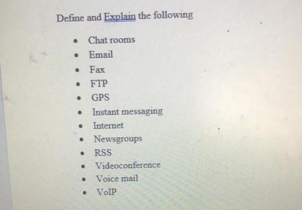 Define And Explain The Following Chat Rooms Email Fax Ftp Gps Instant Messaging Internet Newsgroups Rss Videoconfere 1