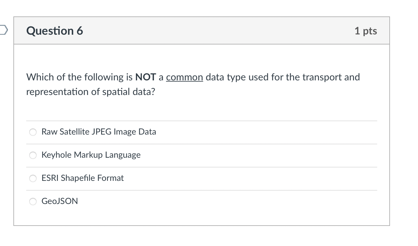 Question 6 1 Pts Which Of The Following Is Not A Common Data Type Used For The Transport And Representation Of Spatial D 1
