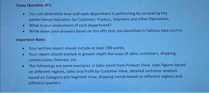 Essay Question T1 You Can Determine How Well Each Department Is Performing By Comparing Key Performance Indicators F 1