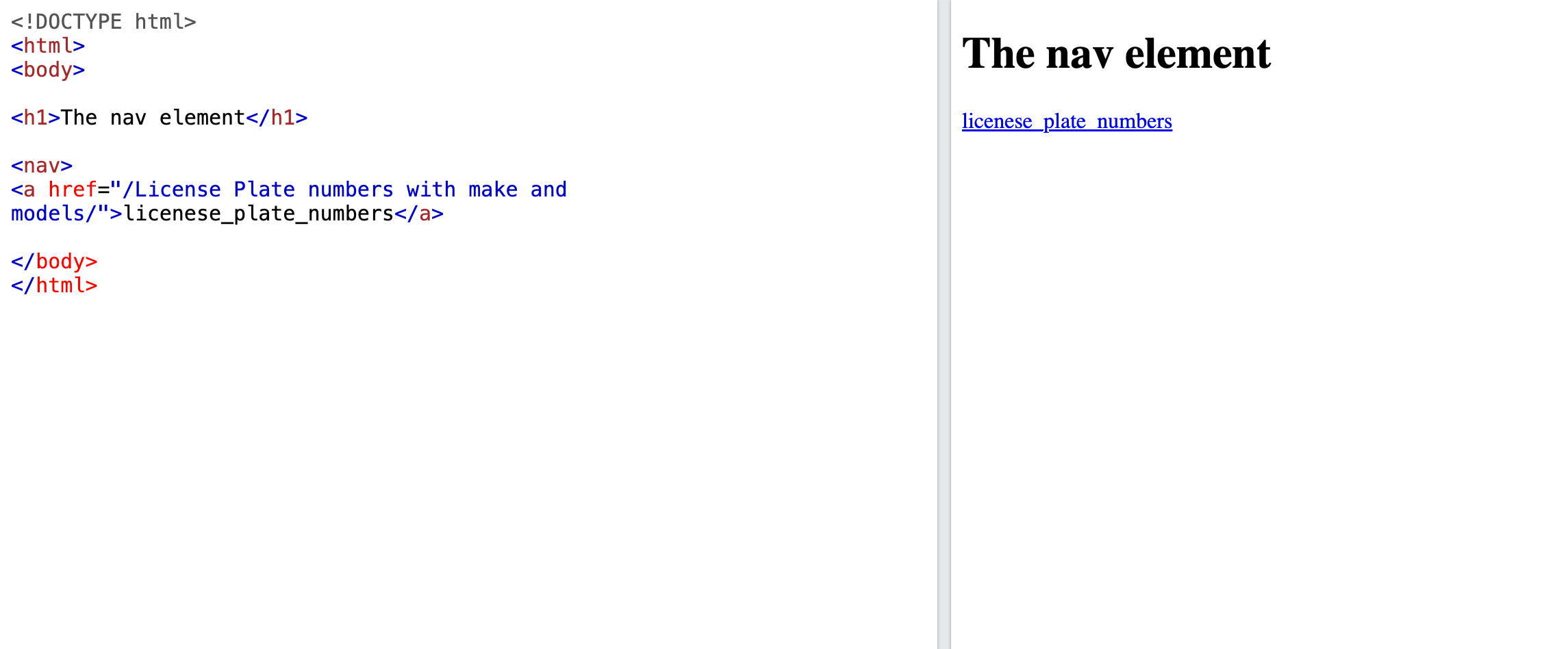 Doctype Html Html Body The Nav Element H1 The Nav Element H1 Licenese Plate Numbers Nav A Href License Pl 1