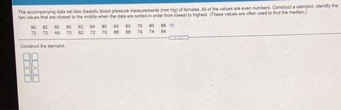 The Accompanying Data Set Lists Diastolic Blood Pressure Measurements Mm Hg Of Females All Of The Values Are Even Num 1