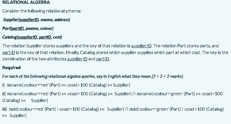 Relational Algebra Consider The Following Relational Schema Supplier Supplier D Sname Address Partipartid Pname Co 1