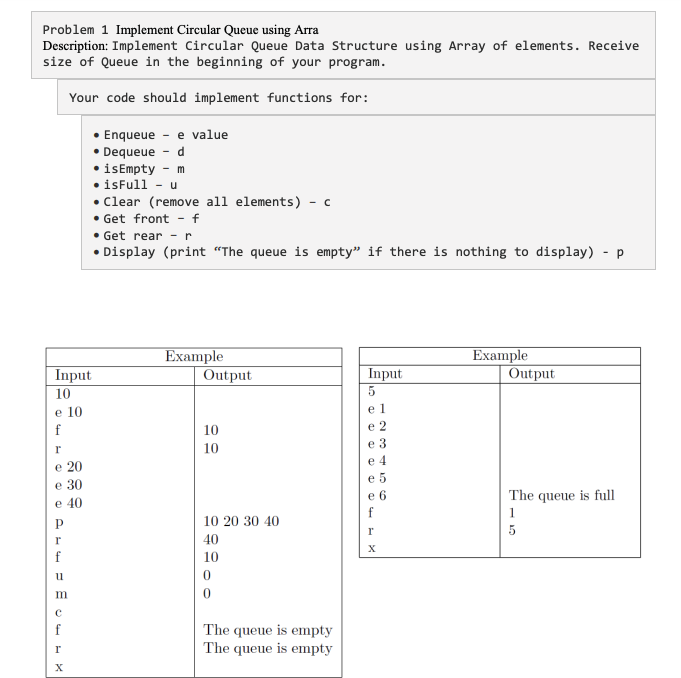 Problem 1 Implement Circular Queue Using Arra Description Implement Circular Queue Data Structure Using Array Of Elemen 1