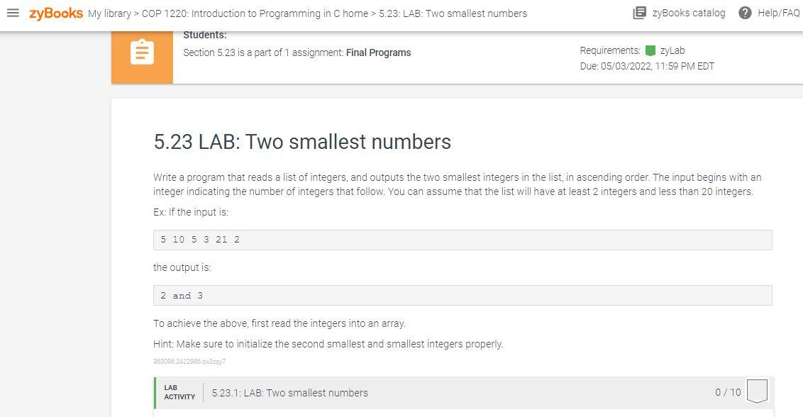 Zybooks My Library Cop 1220 Introduction To Programming In C Home 5 23 Lab Two Smallest Numbers E Zybooks Catal 1