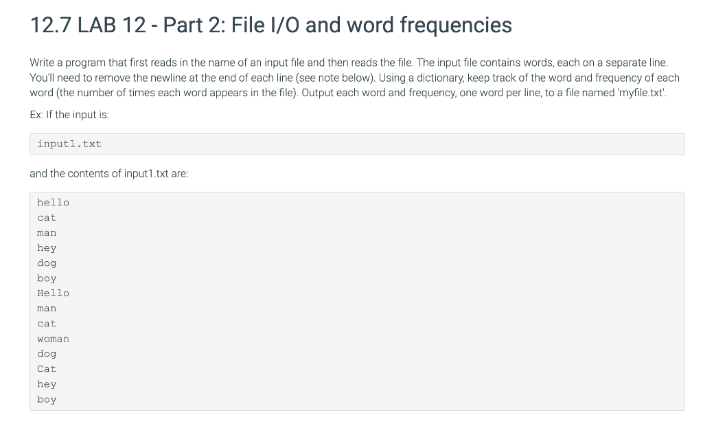 12 7 Lab 12 Part 2 File 1 0 And Word Frequencies Write A Program That First Reads In The Name Of An Input File And Th 1