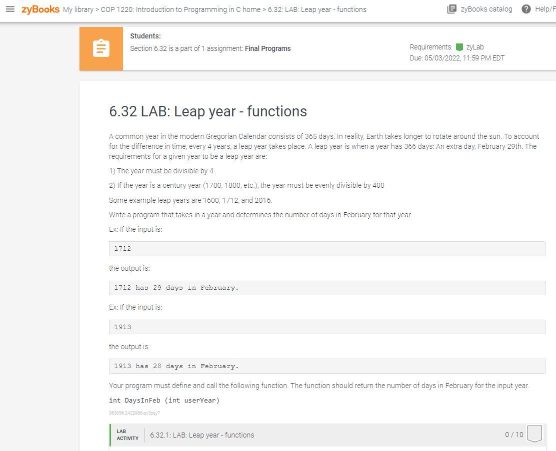 Zybooks My Library Cop 1220 Introduction To Programming In C Home 6 32 Lab Leap Year Functions E Zybooks Catal 1