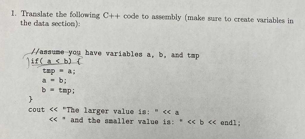 1 Translate The Following C Code To Assembly Make Sure To Create Variables In The Data Section Hassume You Have Va 1