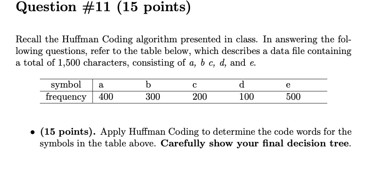 Question 11 15 Points Recall The Huffman Coding Algorithm Presented In Class In Answering The Fol Lowing Questions 1