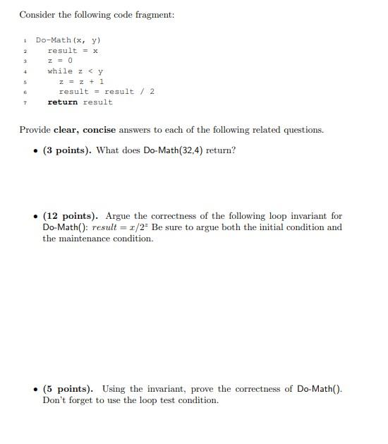 Consider The Following Code Fragment 1 2 3 4 Do Math X Y Result X Z 0 While Z Y Z 2 1 Result Result 2 Retu 1