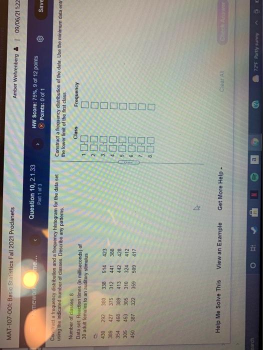 Mat 107 001 Basic Statistics Fall 2021 Prodanets Amber Wehrenberg 09 06 211 22 Mework Me Question 10 2 1 33 Part 1