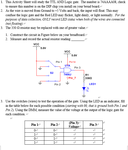1 This Activity Sheet Will Study The Ttl And Logic Gate The Number Is 74aaaa08 Check To Ensure This Number Is On The 1