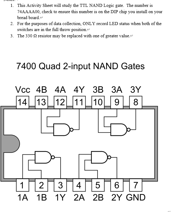 1 This Activity Sheet Will Study The Ttl Nand Logic Gate The Number Is 74aaaa00 Check To Ensure This Number Is On The 1