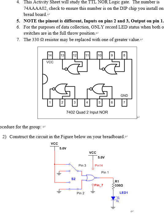 4 This Activity Sheet Will Study The Ttl Nor Logic Gate The Number Is 74aaaa02 Check To Ensure This Number Is On The 1