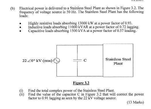 A B Electrical Power Is Delivered To A Stainless Steel Plant As Shown In Figure 3 2 The Frequency Of Voltage Source I 1