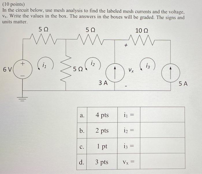 10 Points In The Circuit Below Use Mesh Analysis To Find The Labeled Mesh Currents And The Voltage Vx Write The Val 1