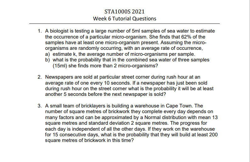 Sta1000s 2021 Week 6 Tutorial Questions 1 A Biologist Is Testing A Large Number Of 5ml Samples Of Sea Water To Estimate 1