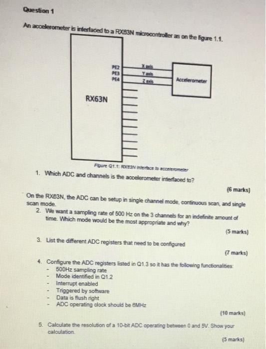 Question 1 An Accelerometer Is Interfaced To A Rx83n Microcontroller As On The Figure 1 1 Pe2 Pes Pea Accelerometer Rx6 1