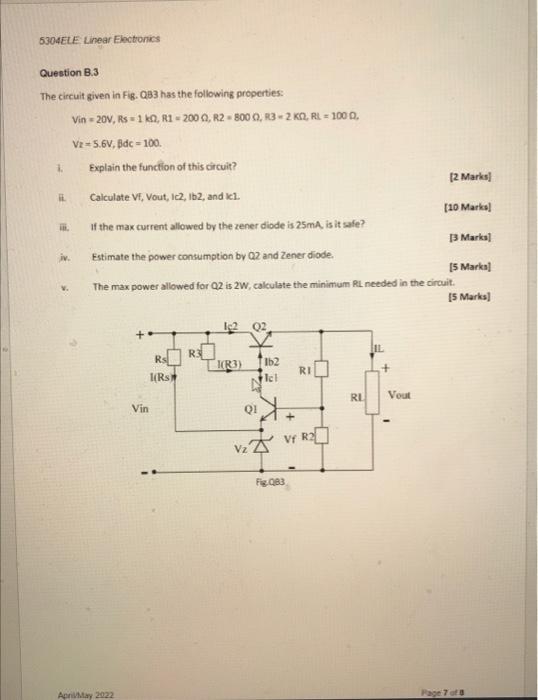 6304ele Linear Electronics Question B 3 The Circuit Given In Fig 083 Has The Following Properties Vin 20v Rs 1 Kq 1