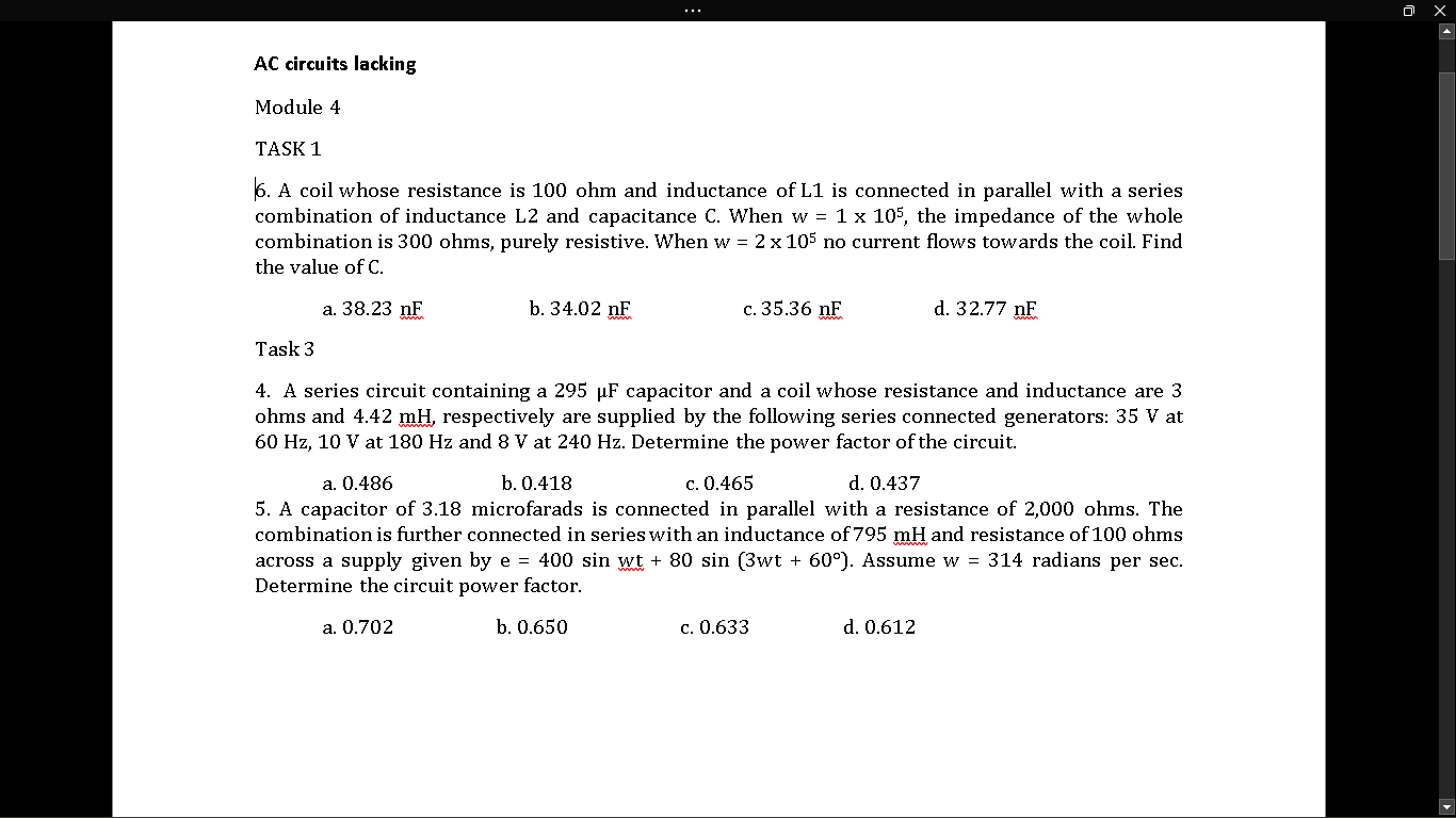 Ac Circuits Lacking Module 4 Task 1 16 A Coil Whose Resistance Is 100 Ohm And Inductance Of L1 Is Connected In Parallel 1