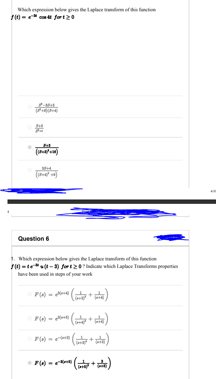 Which Expression Below Gives The Laplace Transform Of This Function F T E T Cos 4t Fort 0 S 35 3 84 9 8 4 S 8 9 1