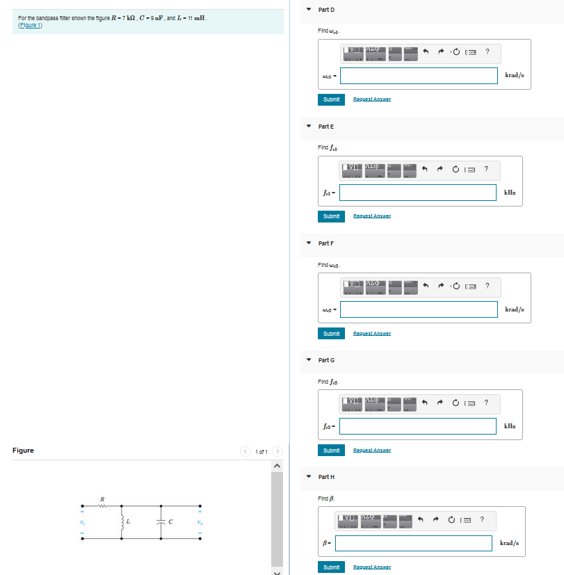 Part D For The Bandpass Filter Shown The Figure R 7 Kn C 9nand L 11 Mh Figure 1 Findwa Vip Krad S Submit Request An 1