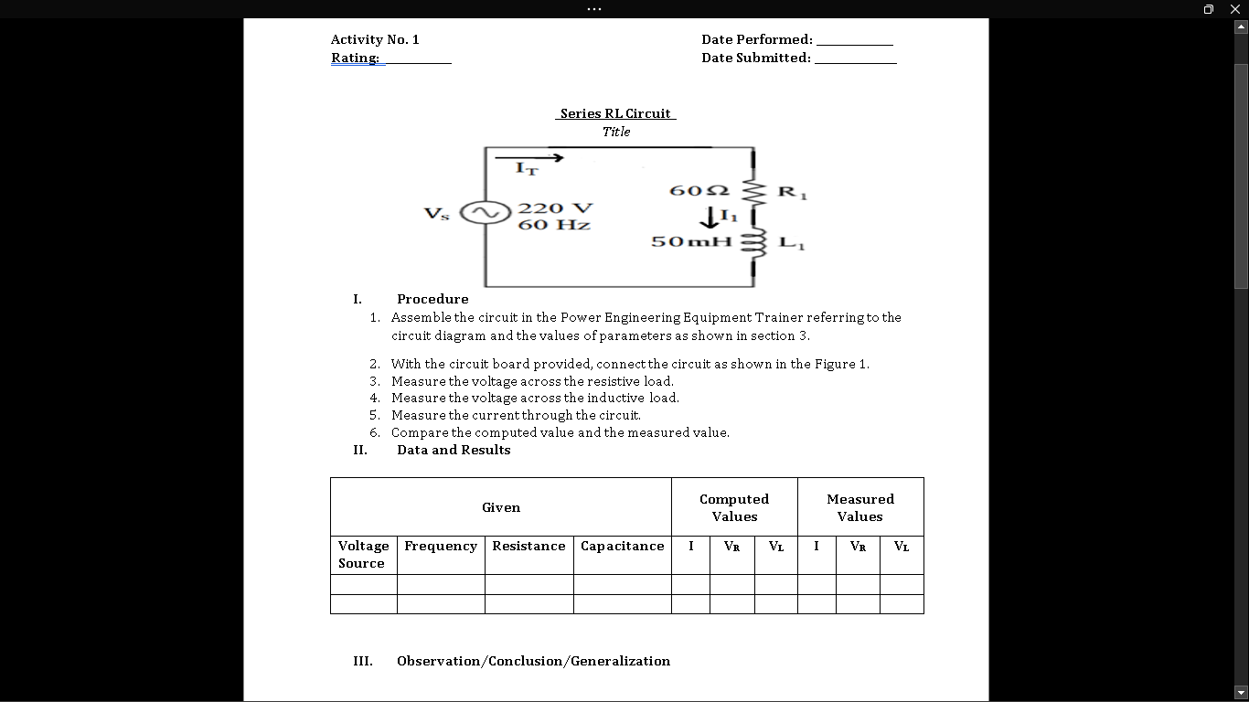 0 X Activity No 1 Rating Date Performed Date Submitted Series Rl Circuit Title I Vs 220 V 60 Hz 6092 Sr 11 1 50mh3l 1