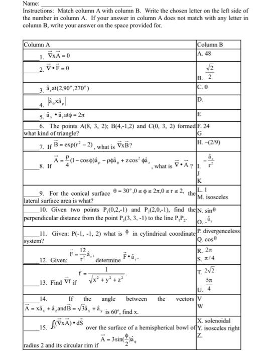 Name Instructions Match Column A With Column B Write The Chosen Letter On The Left Side Of The Number In Column A If 1