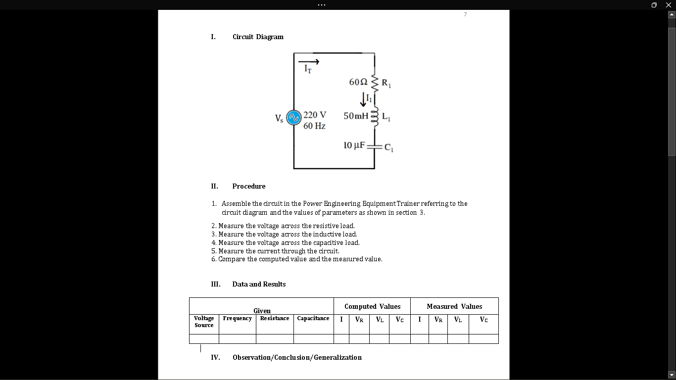 O X I Circuit Diagram It 6012 R V 220 V 50mh L 60 Hz 10 Uf C Ii Procedure 1 Assemble The Circuit In The Power Enginee 1