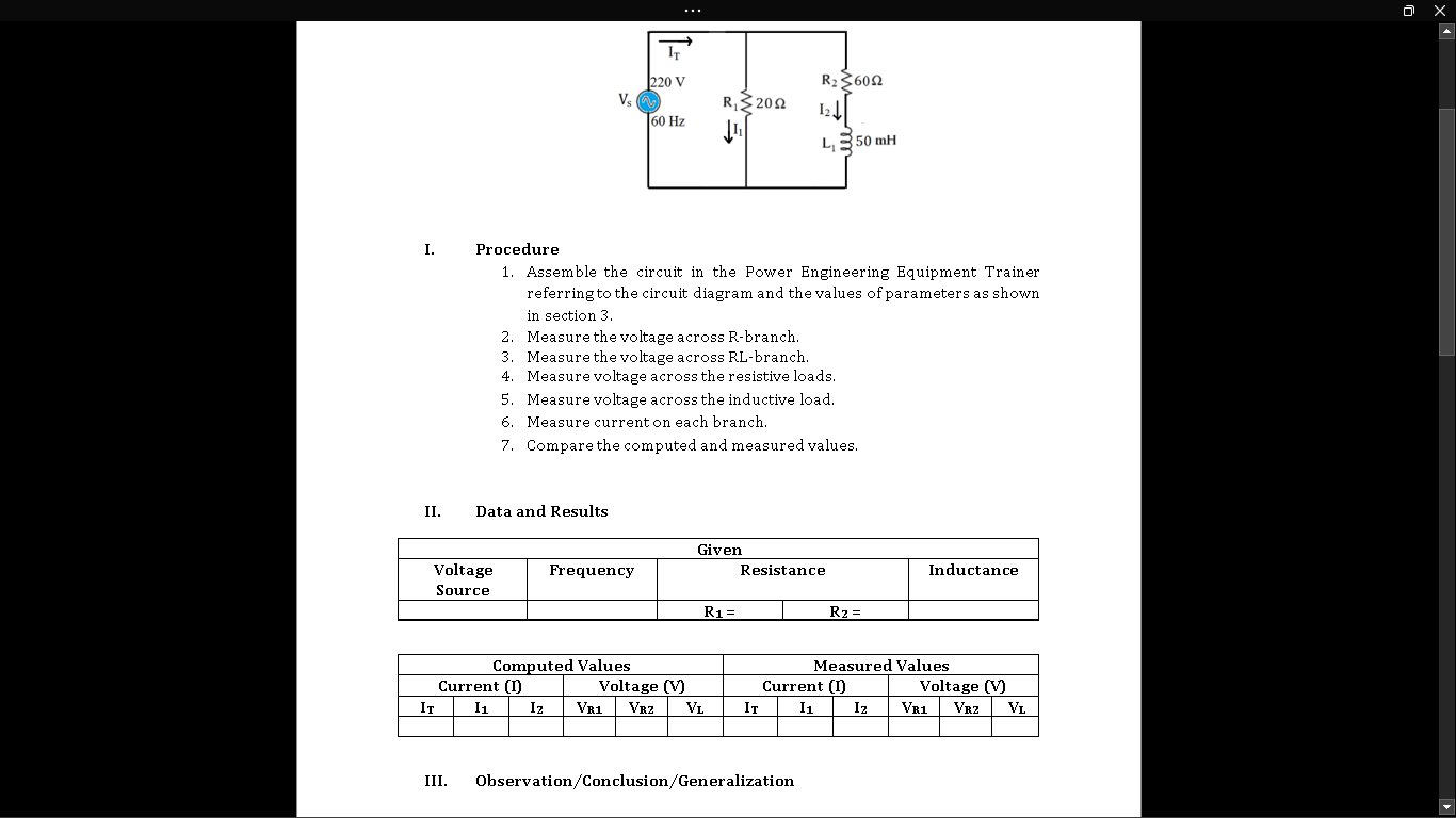 0 X It 220 V R236022 Vs R32022 1241 160 Hz L 350 Mh I Procedure 1 Assemble The Circuit In The Power Engineering Equipm 1