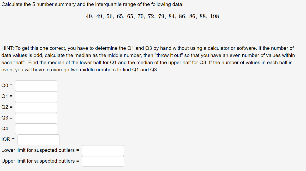 Calculate The 5 Number Summary And The Interquartile Range Of The Following Data 49 49 56 65 65 70 72 79 84 86 1