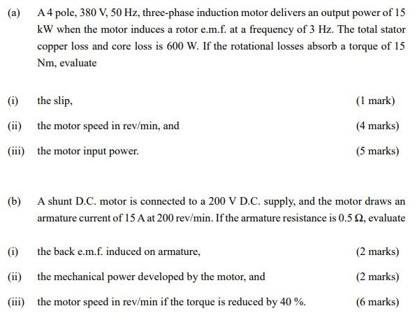 A A4 Pole 380 V 50 Hz Three Phase Induction Motor Delivers An Output Power Of 15 Kw When The Motor Induces A Rotor 1
