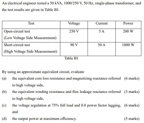 An Electrical Engineer Tested A 50 Kva 1000 250 V 50 Hz Single Phase Transformer And The Test Results Are Given In T 1