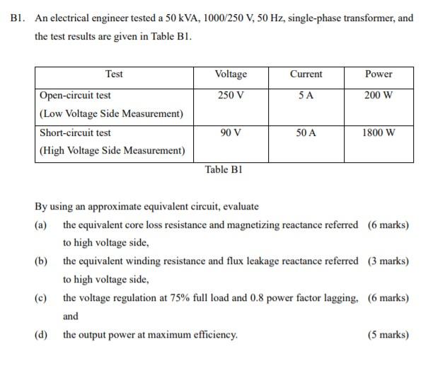Bi An Electrical Engineer Tested A 50 Kva 1000 250 V 50 Hz Single Phase Transformer And The Test Results Are Given 1