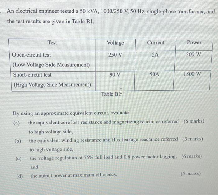 An Electrical Engineer Tested A 50 Kva 1000 250 V 50 Hz Single Phase Transformer And The Test Results Are Given In 1