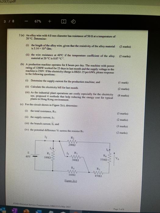 62001 Pdf 3 8 67 2 A An Alloy Wire With 4 0 Mm Diameter Has Resistance Of 50 At A Temperature Of 20 Determine 0 T 1