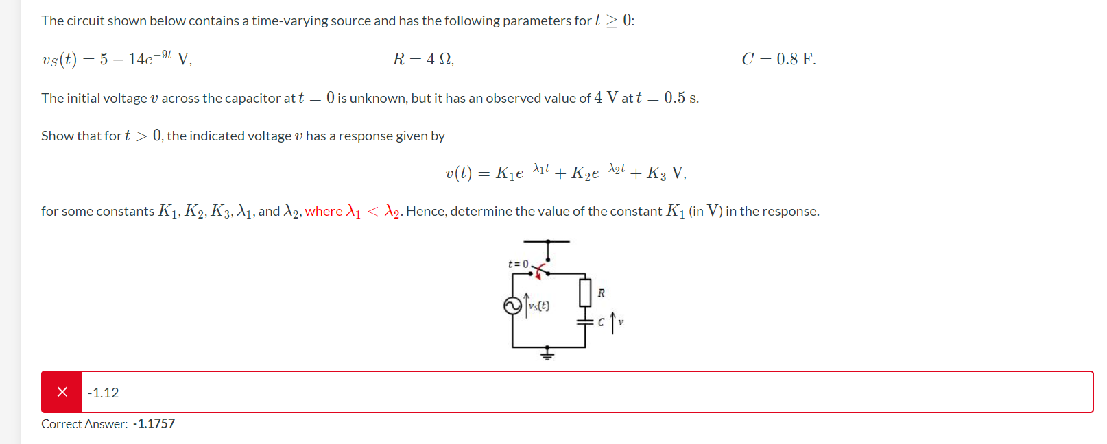 The Circuit Shown Below Contains A Time Varying Source And Has The Following Parameters Fort 0 Vs T 5 14e 9t V 1