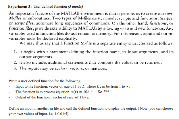 Experiment 3 User Defined Function 3 Marks An Important Feature Of The Matlab Environment Is That It Permits Us To Cr 1