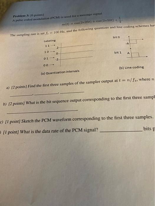 2 Problem 3 6 Points A Pulse Coded Modulation Pcm Is Used For A Message Signal M Cos 2256 4 Cos 2 501 The Sa 2