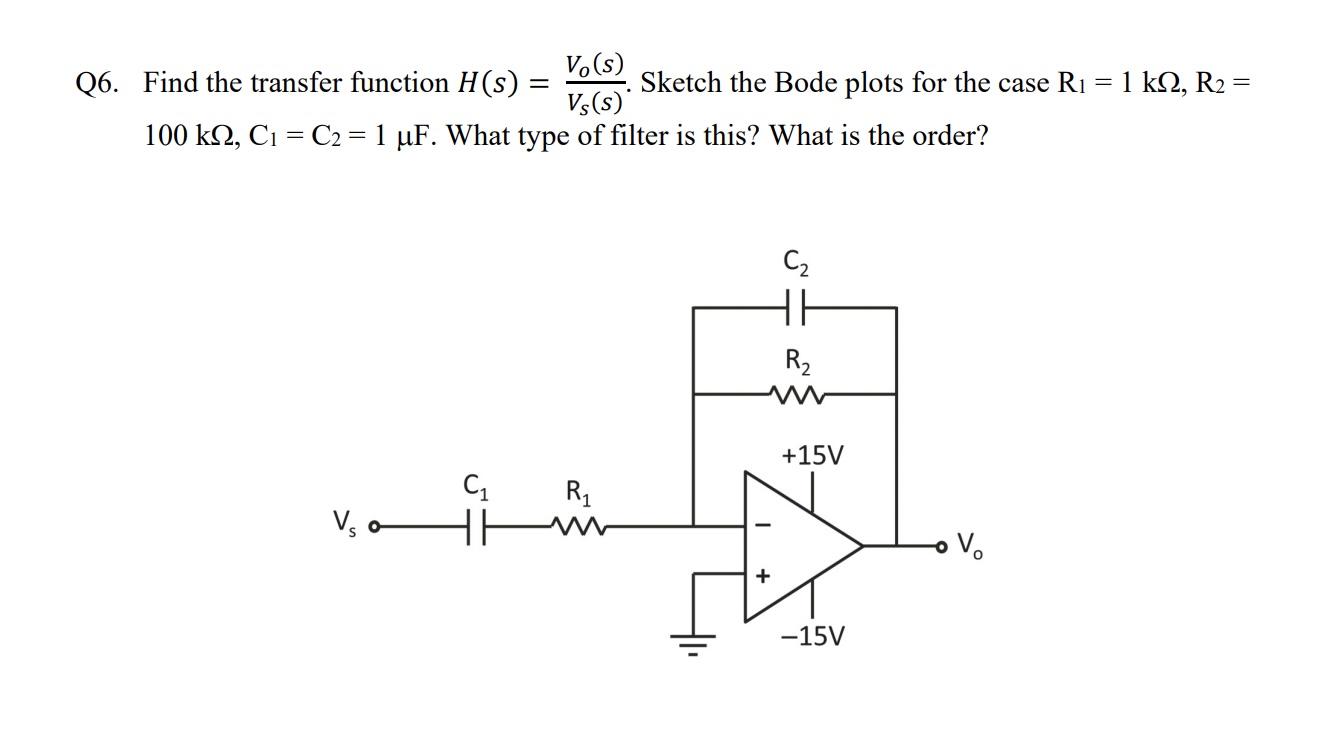 Q6 Find The Transfer Function H S V S Sketch The Bode Plots For The Case Ri 1 K12 R2 Vs S 100 K32 C1 C2 1