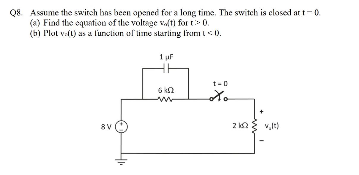 Q8 Assume The Switch Has Been Opened For A Long Time The Switch Is Closed At T 0 A Find The Equation Of The Volta 1