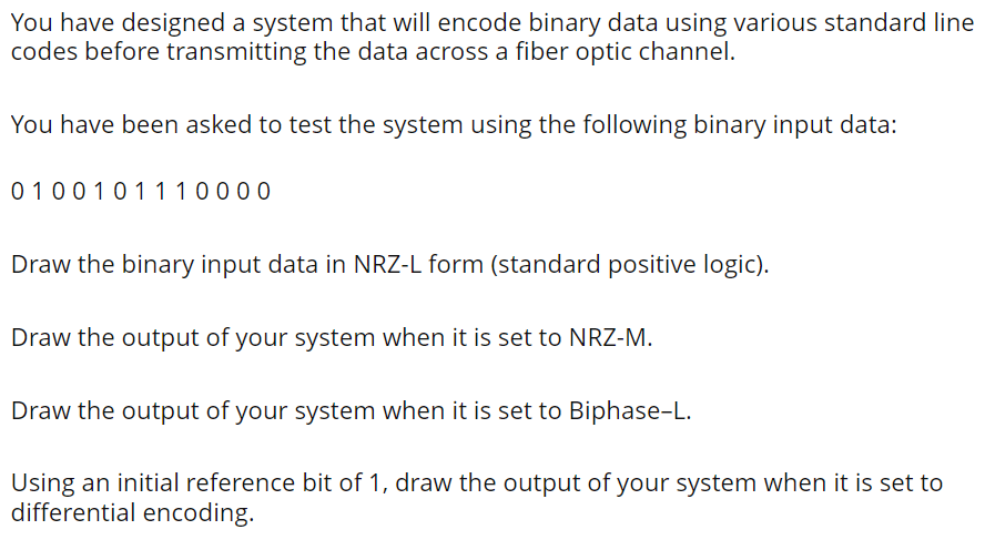 You Have Designed A System That Will Encode Binary Data Using Various Standard Line Codes Before Transmitting The Data A 1