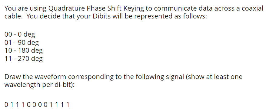 You Are Using Quadrature Phase Shift Keying To Communicate Data Across A Coaxial Cable You Decide That Your Dibits Will 1