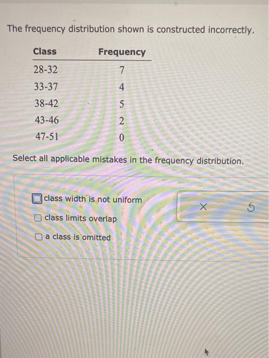 The Frequency Distribution Shown Is Constructed Incorrectly Class Frequency 7 28 32 33 37 4 38 42 43 46 47 51 O Na Sele 1